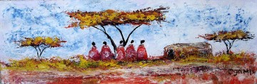 Ogambi Five Maasai Under Acacia with texture Oil Paintings